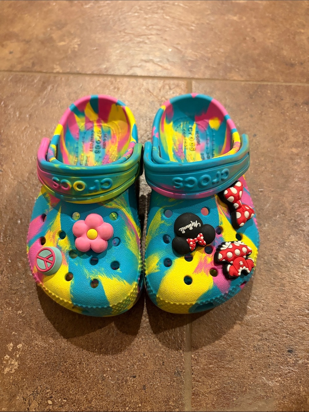CROCS Kids Tie-Dye Clogs in Blue, Pink & Yellow with Character Jibbitz